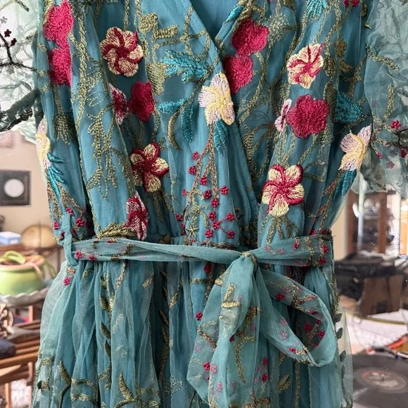 Fehrnvi Green and Teal Floral Embroidered Tulle Faux Wrap Maxi Dress - Picture 4 of 9